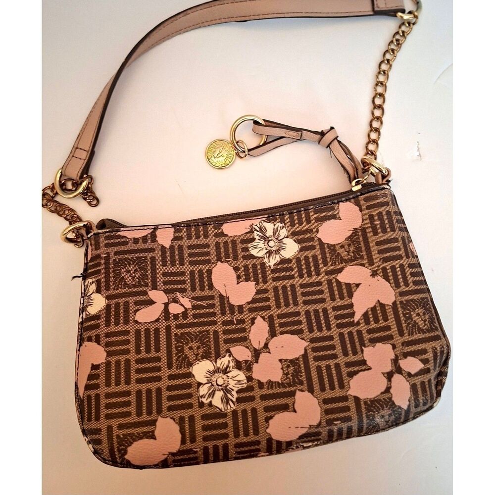 Anne Klein Purse Spring Bloom Floral Overlay Brown Pink Logo shoulder bag